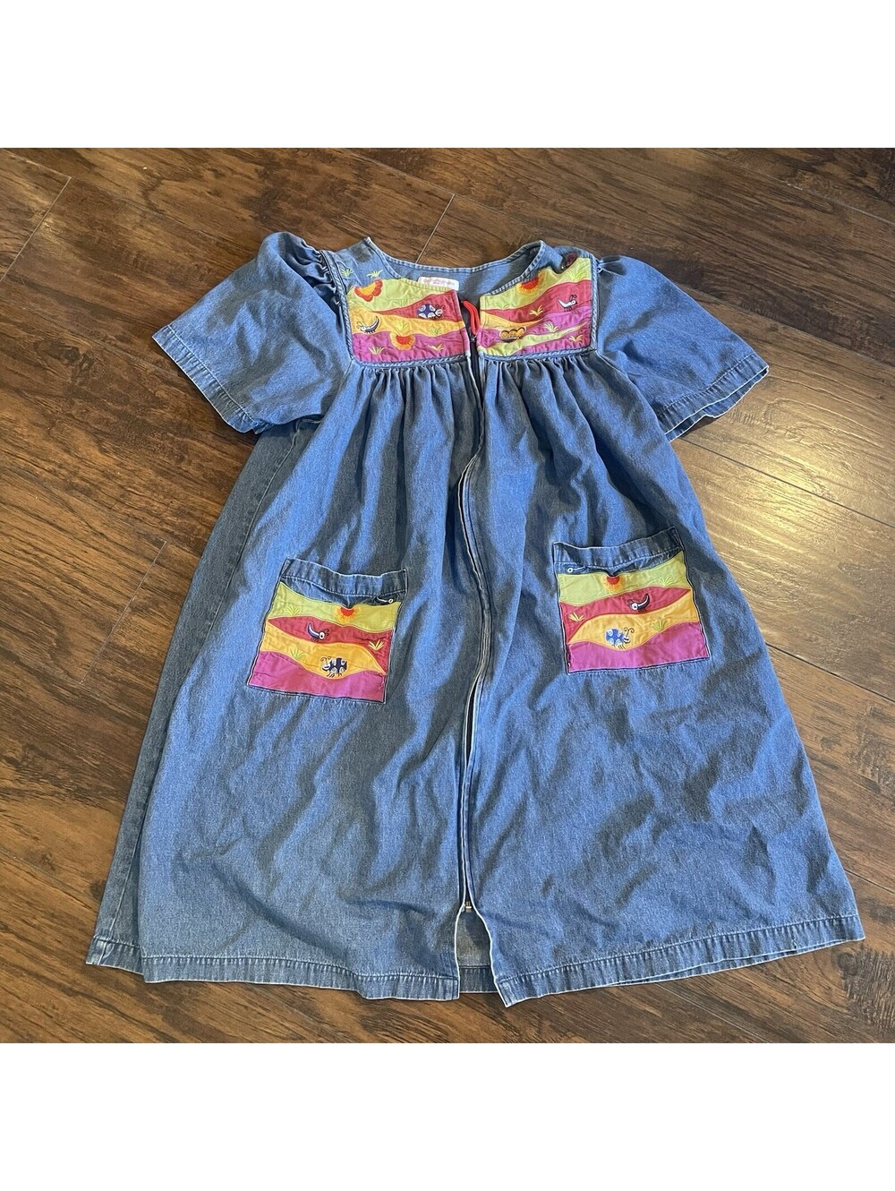 Go Softly PATIO Size PM denim house dress mumu zip front embroidered summer bugs